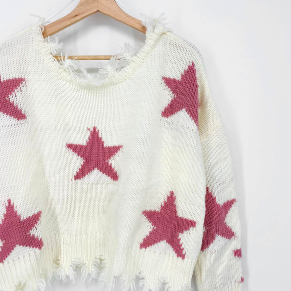 fab'rik Sweaters - Fab'Rik Celeste Star Printed Long Sleeve V-Neck Back Fringe Knit Sweater S/M